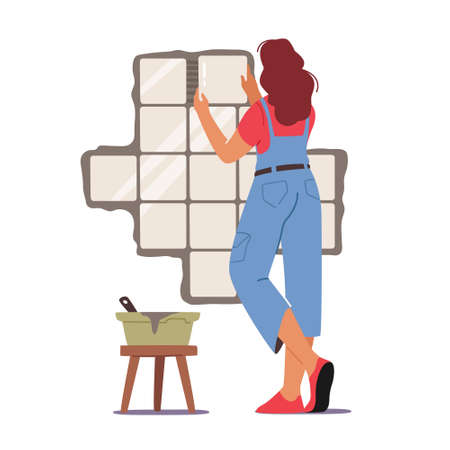 Professional Repairman Service, Home Renovation. Female Worker Installing Ceramic Tiles in Bath, Woman Laying Ceramicsのイラスト素材