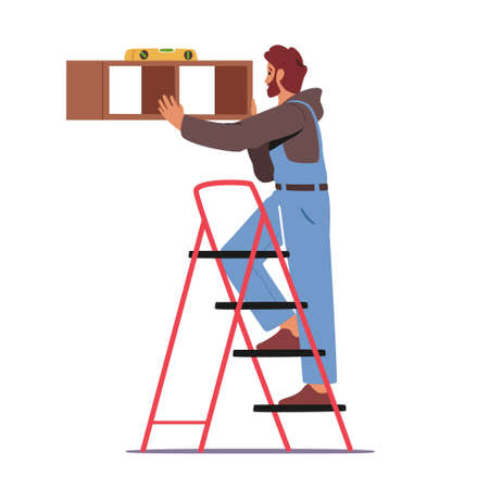 Furniture Assembly Service. Carpenter Worker Character with Tools and Level Assembling Home Furniture Hanging Shelfのイラスト素材