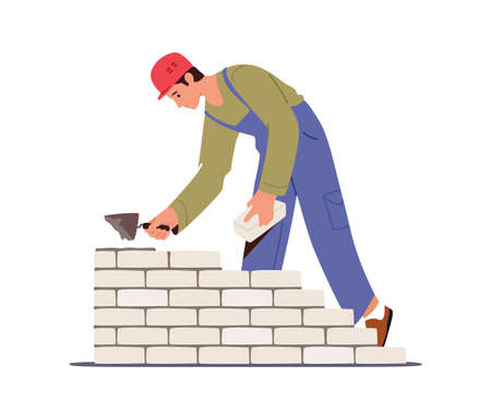 Builder Male Character Wearing Helmet and Uniform Holding Trowel Put Concrete for Laying Brick Wall at Construction Siteのイラスト素材
