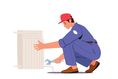 Plumbers Service, Heating Pipes Replacement. Worker with Spanner Tools Repairing, Installing House Heating Pipelineのイラスト素材