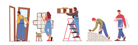 Set of People Work on Home Repair Installing Door, Window, Tiling Wall, Hanging Shelf and Laying Brick, Renovationのイラスト素材