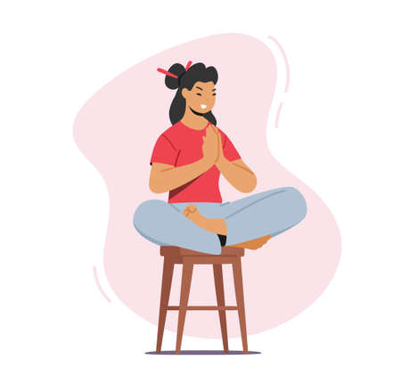 Yoga Relaxation, Tranquil Woman Meditating. Female Character Sit in Lotus Posture with Hands front of Breast on Stoolのイラスト素材