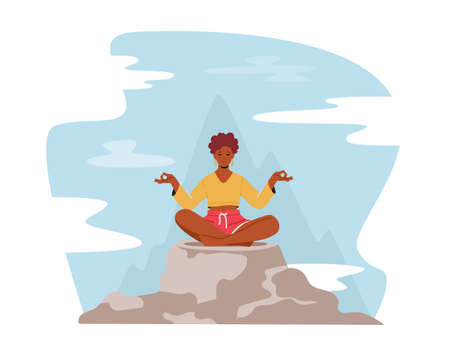 Tranquil Woman Meditating in Lotus Pose Sitting on Mountain Peak, Outdoors Yoga, Healthy Lifestyle, Relaxation, Balanceのイラスト素材