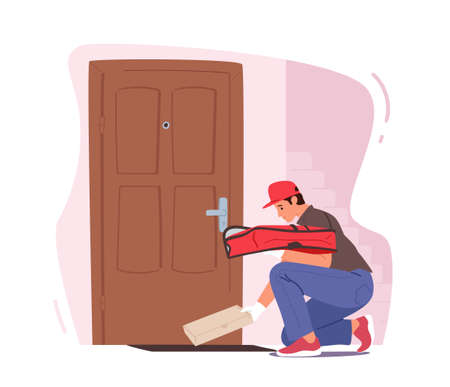 Safe Food Delivery during Pandemic. Courier Character Bringing Pizza at Customer Door to Avoid Contactのイラスト素材