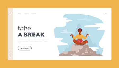 Take a Break Landing Page Template. Tranquil Woman Meditating in Lotus Pose Sitting on Mountain Peak, Outdoors Yogaのイラスト素材
