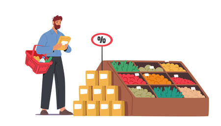 Customer Male Character Visiting Grocery or Supermarket Choose Goods and Put in Shopping Basket. Man Holding Packageのイラスト素材