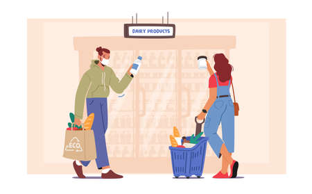 Couple in Face Masks Making Purchases in Store Taking Products from Shop Shelf. Man with Shopping Cart in Supermarketのイラスト素材