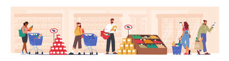 People Visiting Supermarket for Buying Grocery. Happy Men and Women Choosing Products in Store, Characters in Shopのイラスト素材