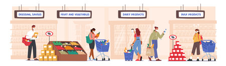 People Visiting Supermarket for Buying Grocery at   Pandemic. Men or Women Wear Face Masks Shopping Routineのイラスト素材