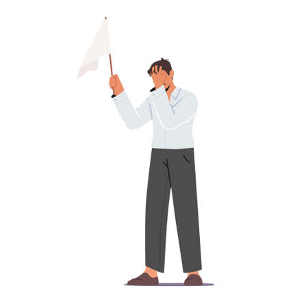Male Character Holding White Flag Covering Face with Hand. Loser Give Up, Anxious Businessman Capitulation, Surrenderのイラスト素材
