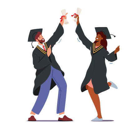 Male and Female Alumnus Characters Graduating University, College or School. Cheerful Graduates People in Academical Capのイラスト素材