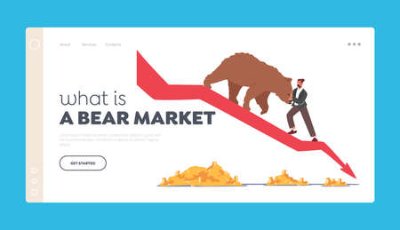 What is Bear Market Landing Page Template. Stock Crisis. Business Character Trying Stop Bear Going Down with Drop Arrowのイラスト素材