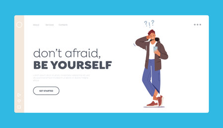 Dont Afraid Be Yourself Landing Page Template. Confused Teenager Student Male Character Figure Out with Smartphoneのイラスト素材