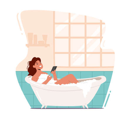 Young Woman Relaxing in Bathtub with Smartphone in Hands. Happy Female Character Hygiene and Beauty Procedureのイラスト素材