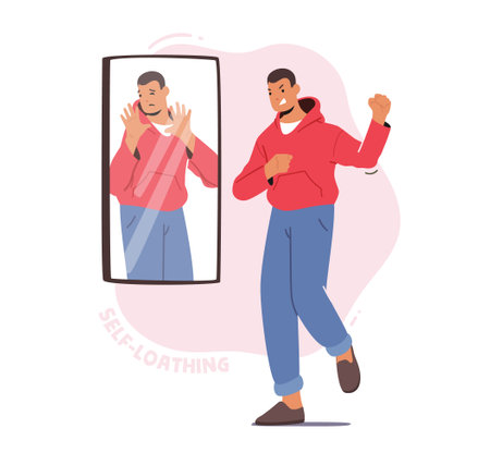 Male Character need Psychological Help, Mind Health Problem, Low Self Esteem, Loathing and Anger Conceptのイラスト素材