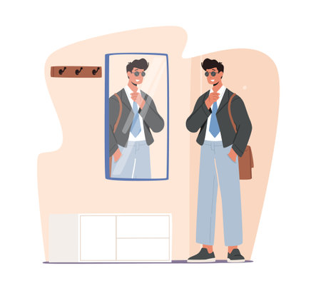 Man Going to Work. Handsome Male Character Wearing Formal Wear, Sunglasses and Bag Stand front of Mirror in Corridorのイラスト素材