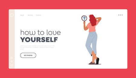 How to Love Yourself Landing Page Template. Self Anger, Loathing, Low Esteem Concept. Female Character Look in Mirrorのイラスト素材