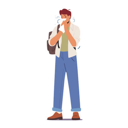 Ill Man Sneezing, Diseased Male Character with Runny Nose Snot and Cough in Wipes Suffer of Contagious Viral Infectionのイラスト素材