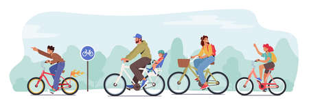 Happy Family Characters Riding Bikes. Dad, Son, Mom and Daughter Training, Healthy Lifestyle, Outdoors Sport Activityのイラスト素材