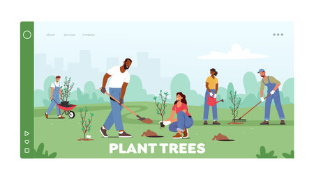 Reforestation Landing Page Template. World Environment Day, Characters Planting Seedlings and...