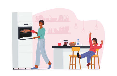 Happy Family of Mother and Little Kid at Kitchen Spend Time Together, Son Sitting at Table with Food. Mom Cooking Bakeryのイラスト素材