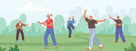 Seniors Exercising Outdoors Making Tai Chi for Healthy Body, Flexibility and Wellness. Pensioners Morning Workoutのイラスト素材