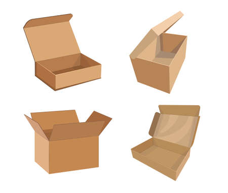 Set of Cardboard Boxes Mockup, Cargo Parcel Package, Containers. Carton Open Packaging for Goods, Isolated Empty Drawersのイラスト素材