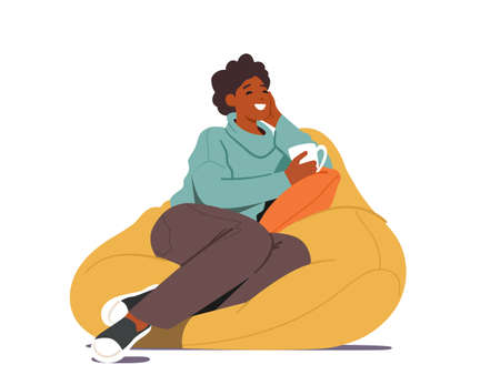 Young Woman Sit on Bean Bag with Cup of Tea or Coffee in Hand at Home. Female Character Visiting Friend, Having Leisureのイラスト素材