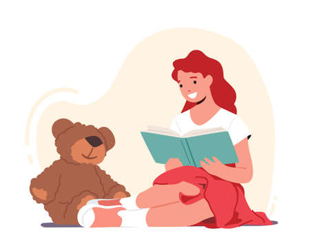 Girl Character Reading Books to Soft Bear Toy. Back to School, Lesson, Education and Knowledge Concept. Kid Studyingのイラスト素材