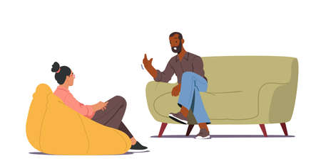 Doctor, Specialist Talking with Patient about Mind Health Problem. Depressed Man Sitting on Couch at Psychologist Officeのイラスト素材