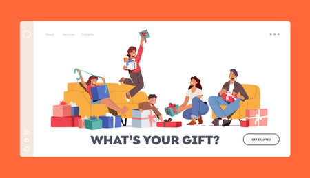 Festive Event Celebration Landing Page Template. Parents and Kids Changing Presents. Mother and Children Loving Familyのイラスト素材