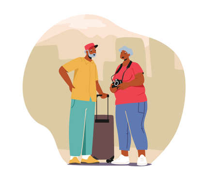 Senior Tourists in Trip, Elderly Traveling People with Photo Camera and Luggage in Foreign Country, Aged Coupleのイラスト素材