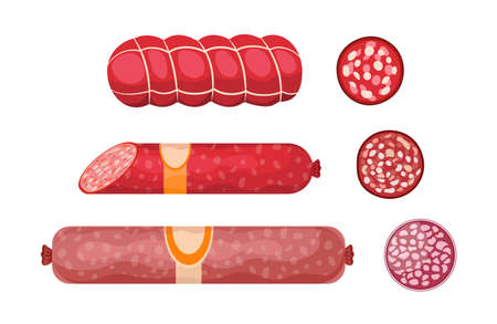Salami, Pepperoni Smoked Sausage, Premium Meat products Whole and Sliced Kielbasa. Delicatessen Production, Meal, Wurstのイラスト素材