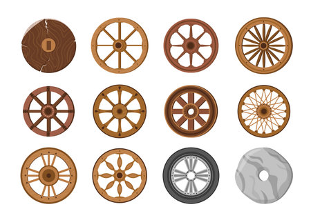 Wheels Evolution from Old Primitive Stone Ring and Ancient Wooden to Modern Transport Wheel. Transportation Inventionのイラスト素材