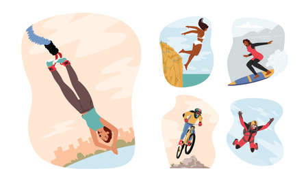 Set Extreme Sport and Recreation. Male and female Characters Bungee and Cliff Jump, Parachuting Base Jumping, Surfingのイラスト素材