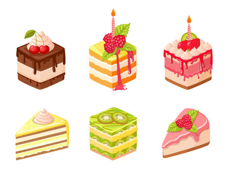 Set of Cakes with Fruits, Berries and Whipped Cream. Confectionery Dessert, Sweet Pies, Pastry,...