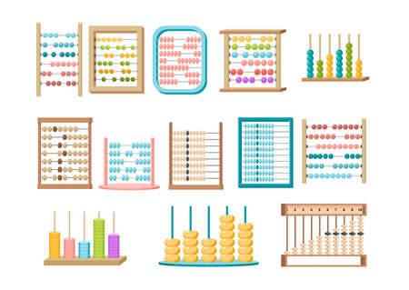 Set of Abacus, Mathematics or Arithmetic Educational Ancient Equipment. Calculator, Math Learning Colorful Toys for Kidsのイラスト素材