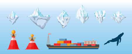 Icebergs, Ship with Metal Containers, Signaling Buoys and Whale Design Elements for Infographics, Isolated Ice Capsのイラスト素材