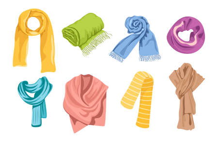 Set of Colorful Scarves Isolated on White Background. Different Kerchiefs, Shawls, Textile Accessories for Cold Weatherのイラスト素材