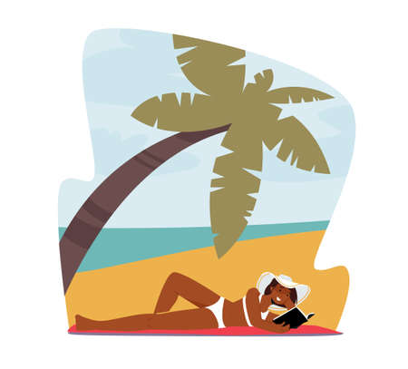 Sun Protection Concept. Woman in Bikini and Tropical Hat Lying on Sandy Beach Read Book. Female Character Outdoors Funのイラスト素材