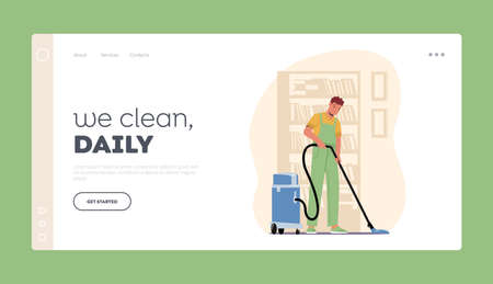 Cleaning Company Service Landing Page Template. Male Character, Washing, Sweeping and Mopping Floor with Vacuum Cleanerのイラスト素材