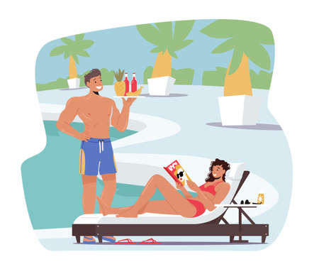 Tourist Characters at Summer Time Vacation. Young Woman Lounging on Chaise Lounge, Man Bring Cocktails for Relaxingのイラスト素材