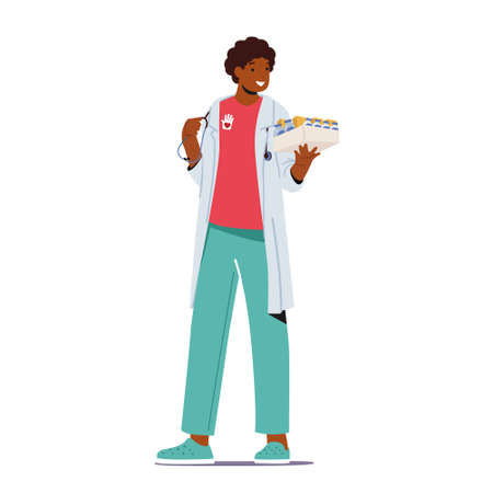 Medical Volunteering Concept. Doctor Male Character with Volunteer Emblem Holding Medicine for Diseased Peopleのイラスト素材
