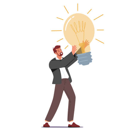 Creative Idea Concept. Tiny Businessman Character Holding Huge Glowing Light Bulb Having Great Inspiration and Insightのイラスト素材