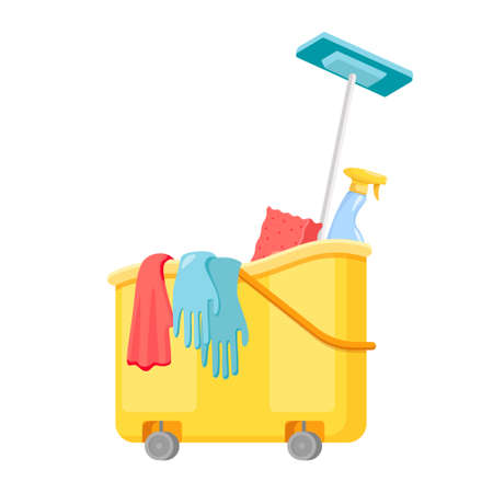 Janitor Cart with Mop, Sponge or Gloves with Detergent. Cleaning Service Equipment, Maid Tools for Washing, Housekeepingのイラスト素材