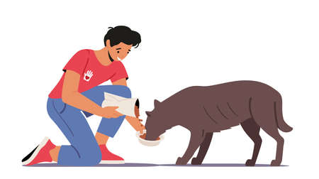 Animal Volunteering Concept. Volunteer Character Feed Dog in Shelter or Pound. Young Man Giving Food to Homeless Puppyのイラスト素材