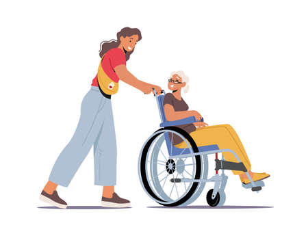 Volunteer Character Help Old People in Nursing Home. Young Social Worker Care of Sick Senior Woman Driving on Wheelchairのイラスト素材