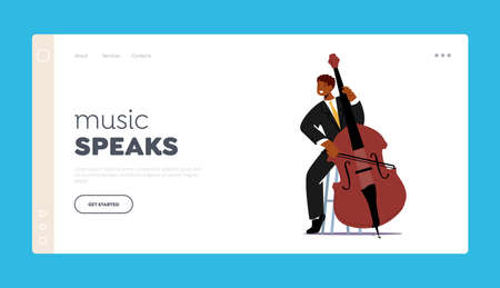 Instrumental Concert Landing Page Template. Musician Character Playing Contrabass or Cello String Instrument on Sceneのイラスト素材