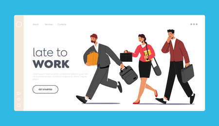 Late in Office, Work Landing Page Template. Business Characters Hurry at Work, Oversleep or Traffic Jam. People Runのイラスト素材