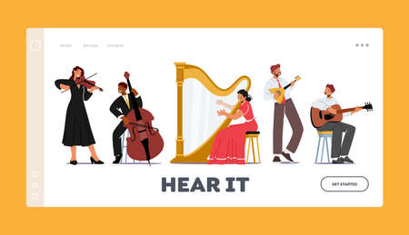 Orchestra Playing Classical Music Concert Landing Page Template. Musicians with String Instruments Performing on Stageのイラスト素材